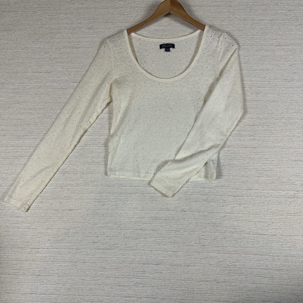 American Eagle Soft & Sexy Eyelet Top Womens Small Cream Long Sleeve Scoop